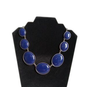 Silver Toned and Navy Blue Oval Cabochons Modern Fashion Statement Necklace